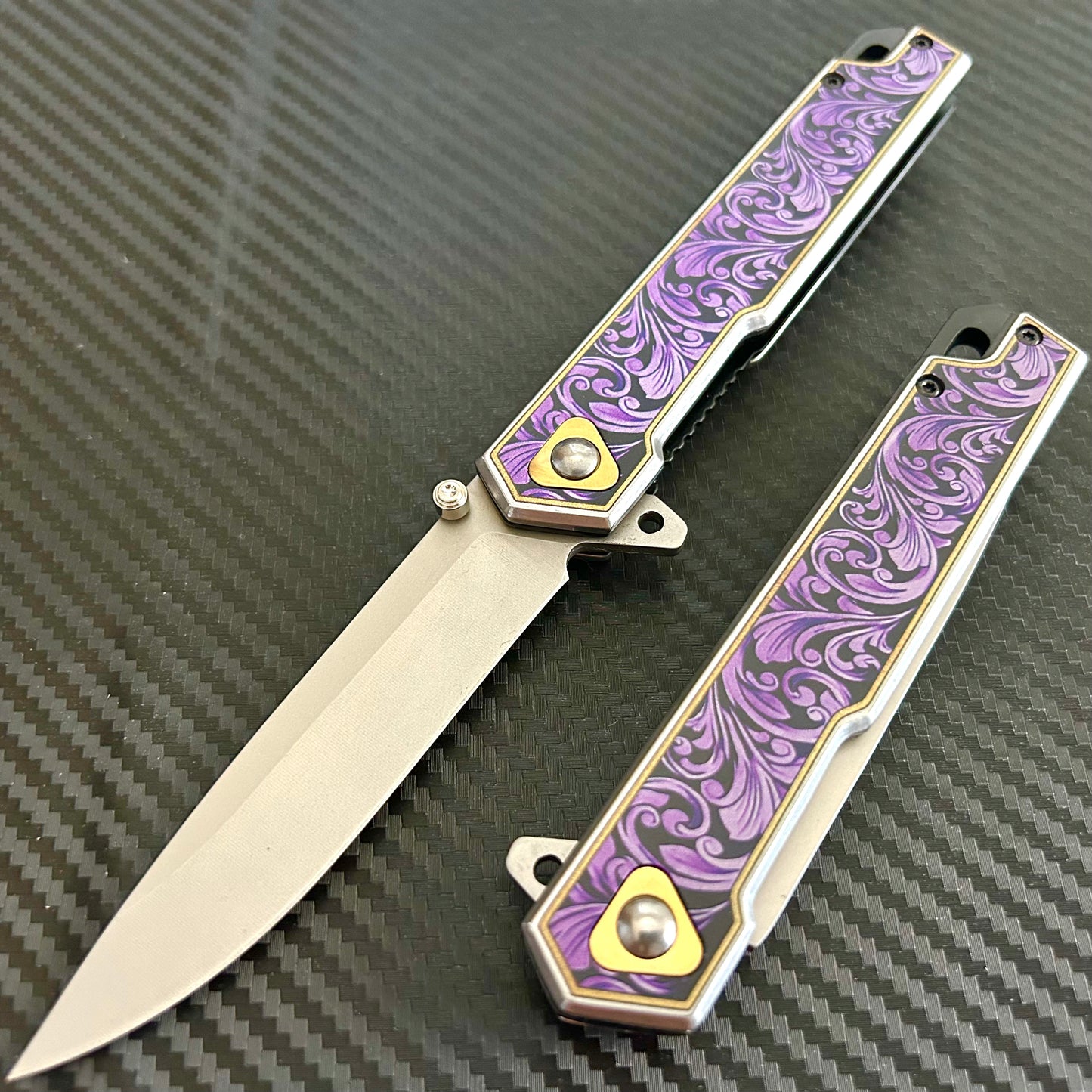 BladeDealUSA 9” Flower Engraved Metal Handle,Cute Knife,Spring Assisted Open Folding Pocket Knife, Gift for him, Gift for her, Cool Knife