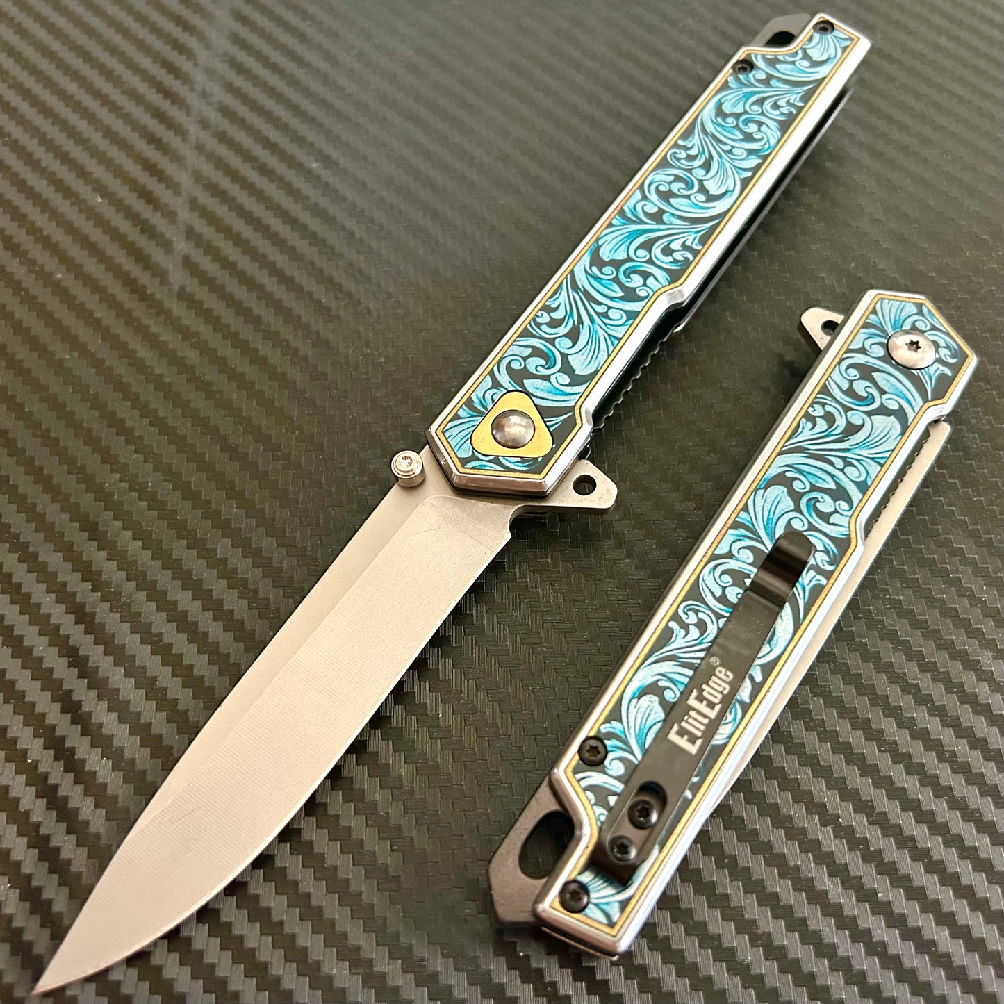 BladeDealUSA 9” Flower Engraved Metal Handle,Cute Knife,Spring Assisted Open Folding Pocket Knife, Gift for him, Gift for her, Cool Knife