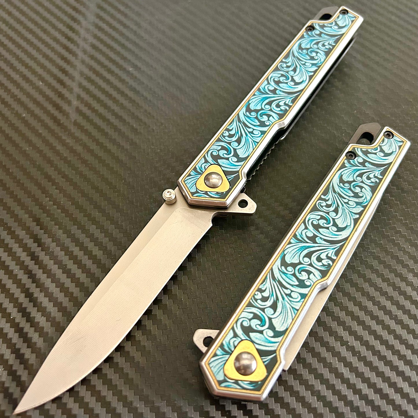 BladeDealUSA 9” Flower Engraved Metal Handle,Cute Knife,Spring Assisted Open Folding Pocket Knife, Gift for him, Gift for her, Cool Knife