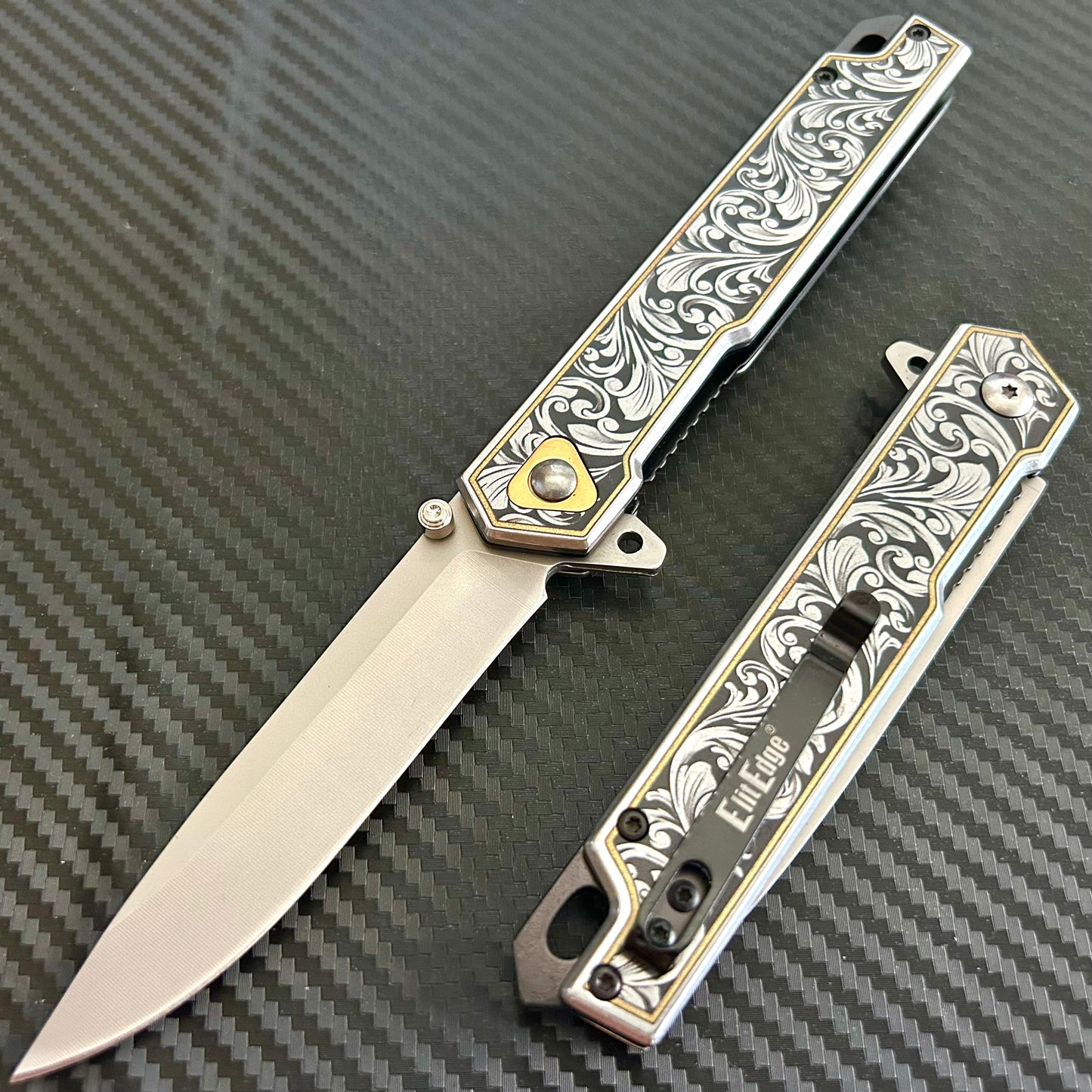 BladeDealUSA 9” Flower Engraved Metal Handle,Cute Knife,Spring Assisted Open Folding Pocket Knife, Gift for him, Gift for her, Cool Knife