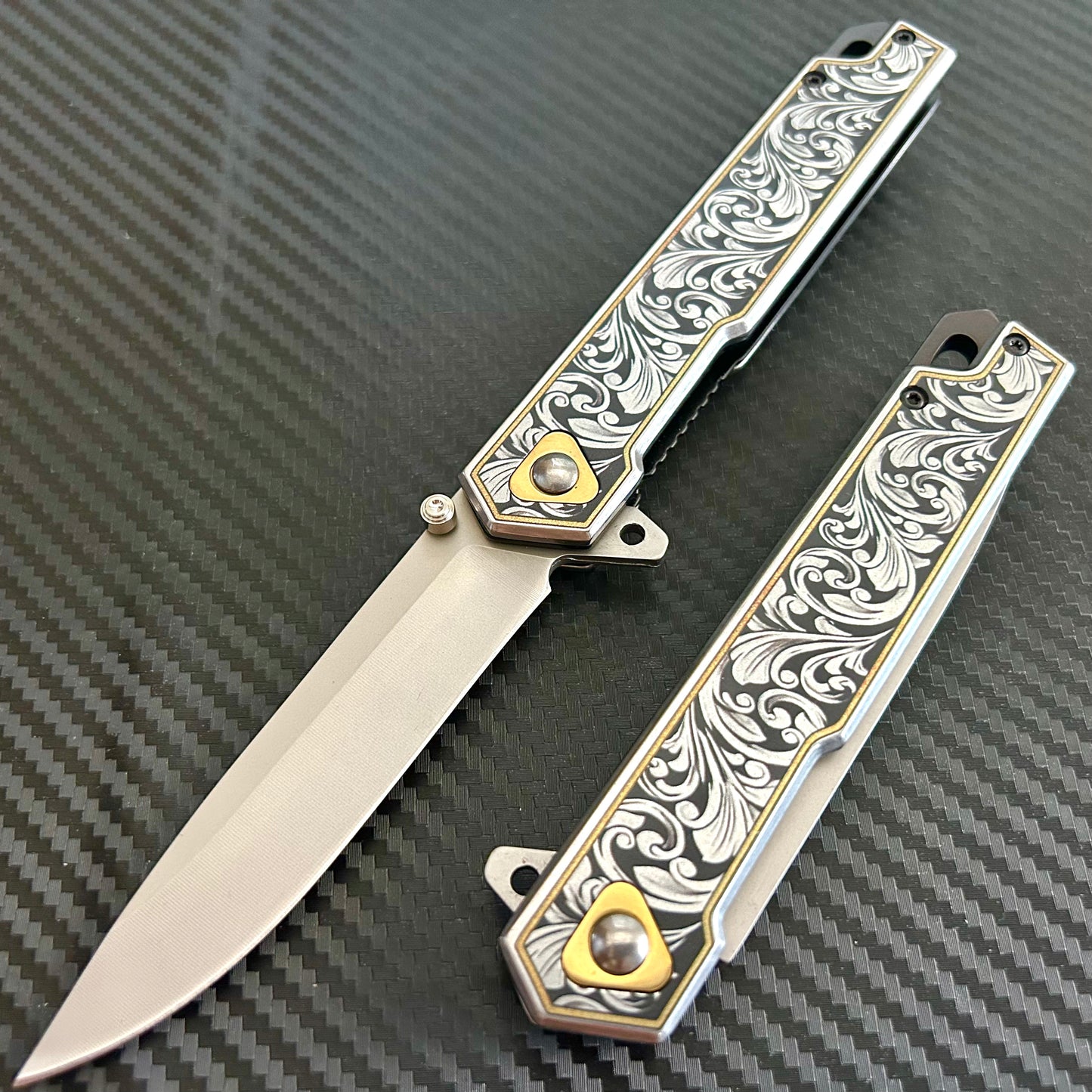 BladeDealUSA 9” Flower Engraved Metal Handle,Cute Knife,Spring Assisted Open Folding Pocket Knife, Gift for him, Gift for her, Cool Knife