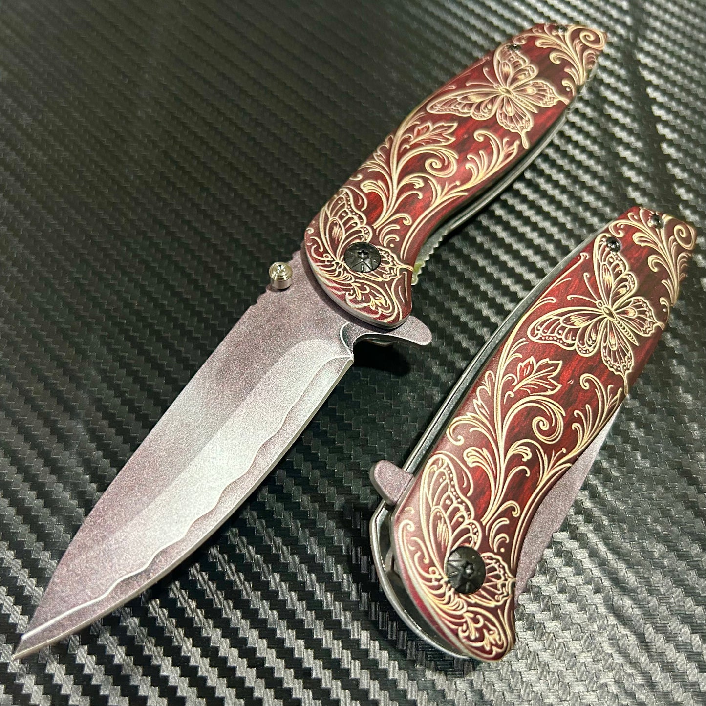 BladeDealUSA 8.5” Butterfly Flower Engraved Cute Spring Assisted Open Blade Folding Pocket Knife. Hunting, Camping, Cute Knife. Cool Knife
