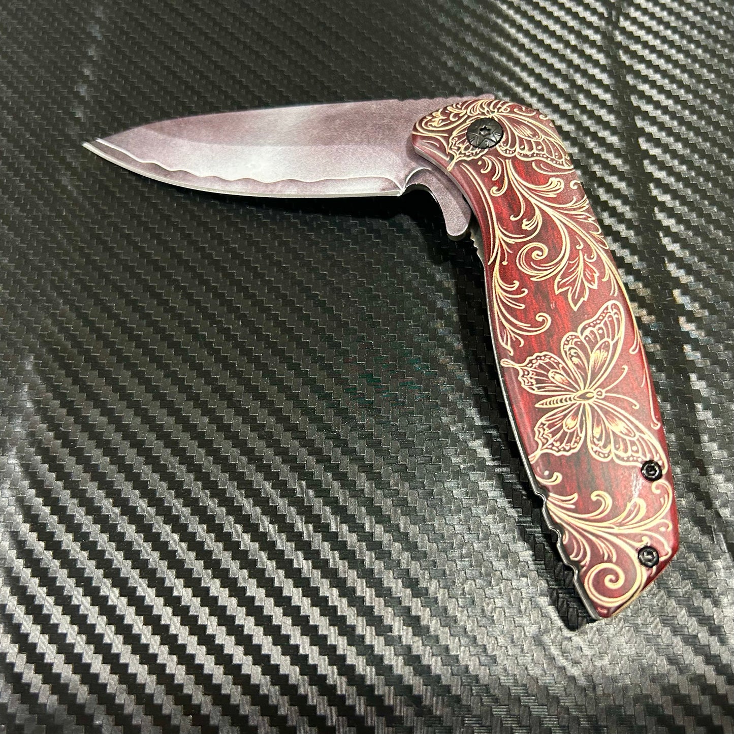 BladeDealUSA 8.5” Butterfly Flower Engraved Cute Spring Assisted Open Blade Folding Pocket Knife. Hunting, Camping, Cute Knife. Cool Knife