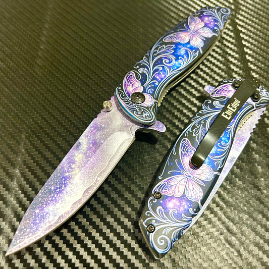 BladeDealUSA 8.5” Butterfly Flower Engraved Cute Spring Assisted Open Blade Folding Pocket Knife. Hunting, Camping, Cute Knife. Cool Knife