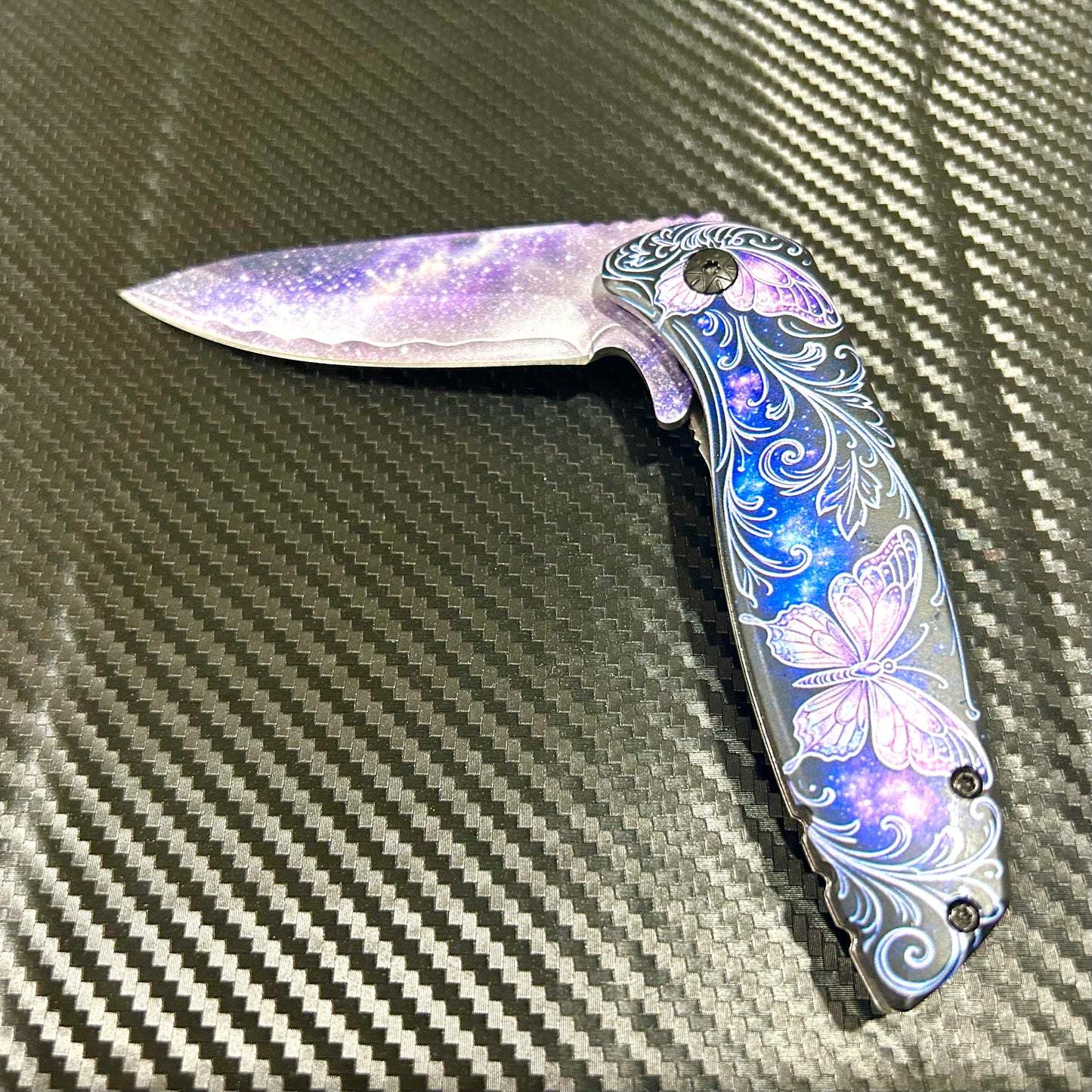 BladeDealUSA 8.5” Butterfly Flower Engraved Cute Spring Assisted Open Blade Folding Pocket Knife. Hunting, Camping, Cute Knife. Cool Knife