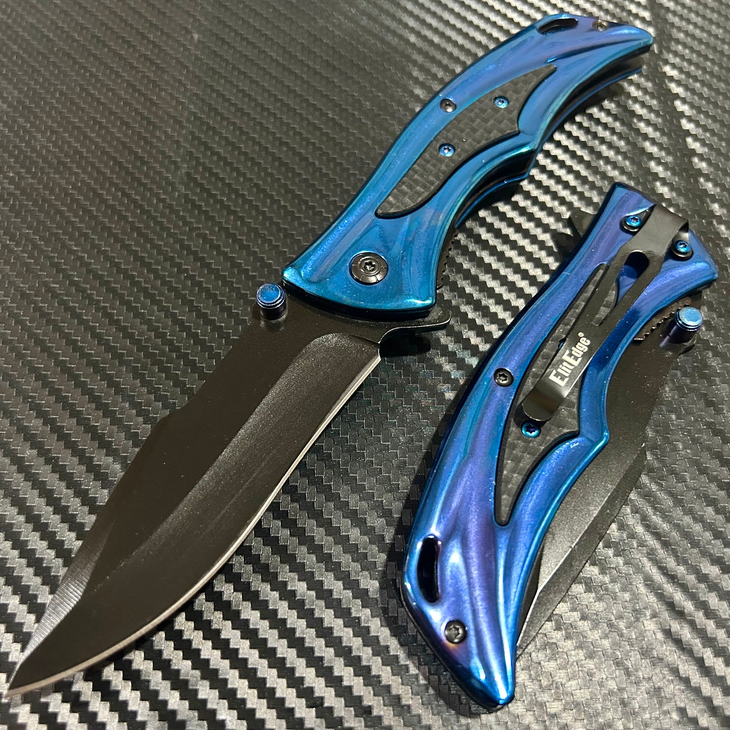 ElitEdge 9” Tactical Blue Jumbo Spring Assisted Open Blade Folding Pocket Knife. Hunting, Camping, Cute Knife