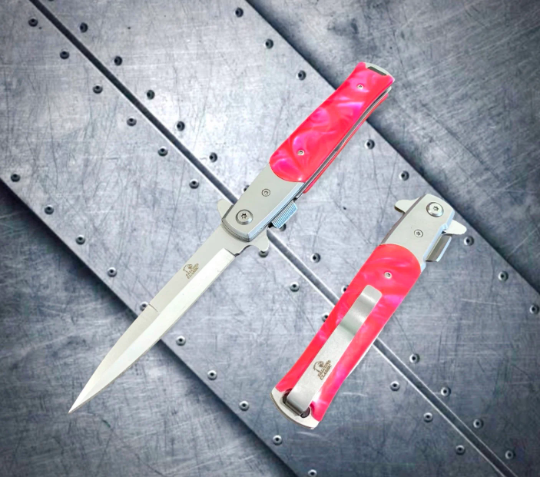 Falcon Knife Pink Classic Italian Milano Spring Assisted Open Blade EDC Folding Stiletto Pocket Knife.