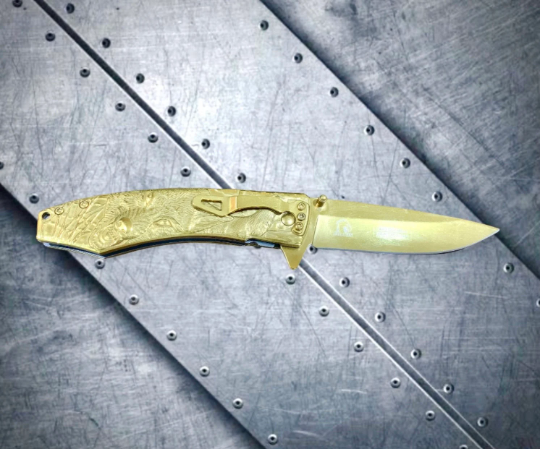 Falcon Knife Gold Wolf Engraved 8.5” Tactical Spring Assisted Folding Pocket knife