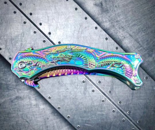 Falcon Knife 8” Collectible Knife Rainbow 3D Dragon Ball Carve. Karambit Knife