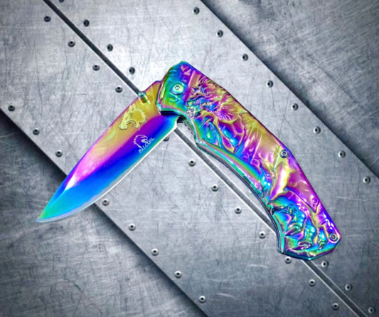 Falcon Knife 8.25” Rainbow Wolf Carving Metal Handle Spring Assisted Open Folding Knife