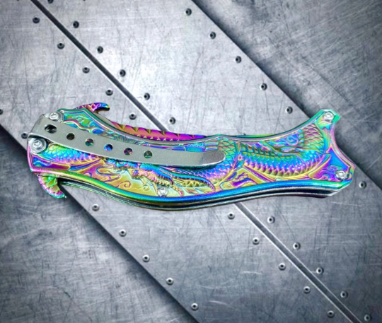 Falcon Knife 8” Collectible Knife Rainbow 3D Dragon Ball Carve. Karambit Knife