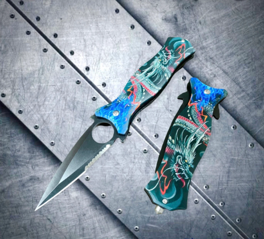 Falcon Knife 8” 3D Print Hell Dragon Spring Assisted Folding Pocket Knife