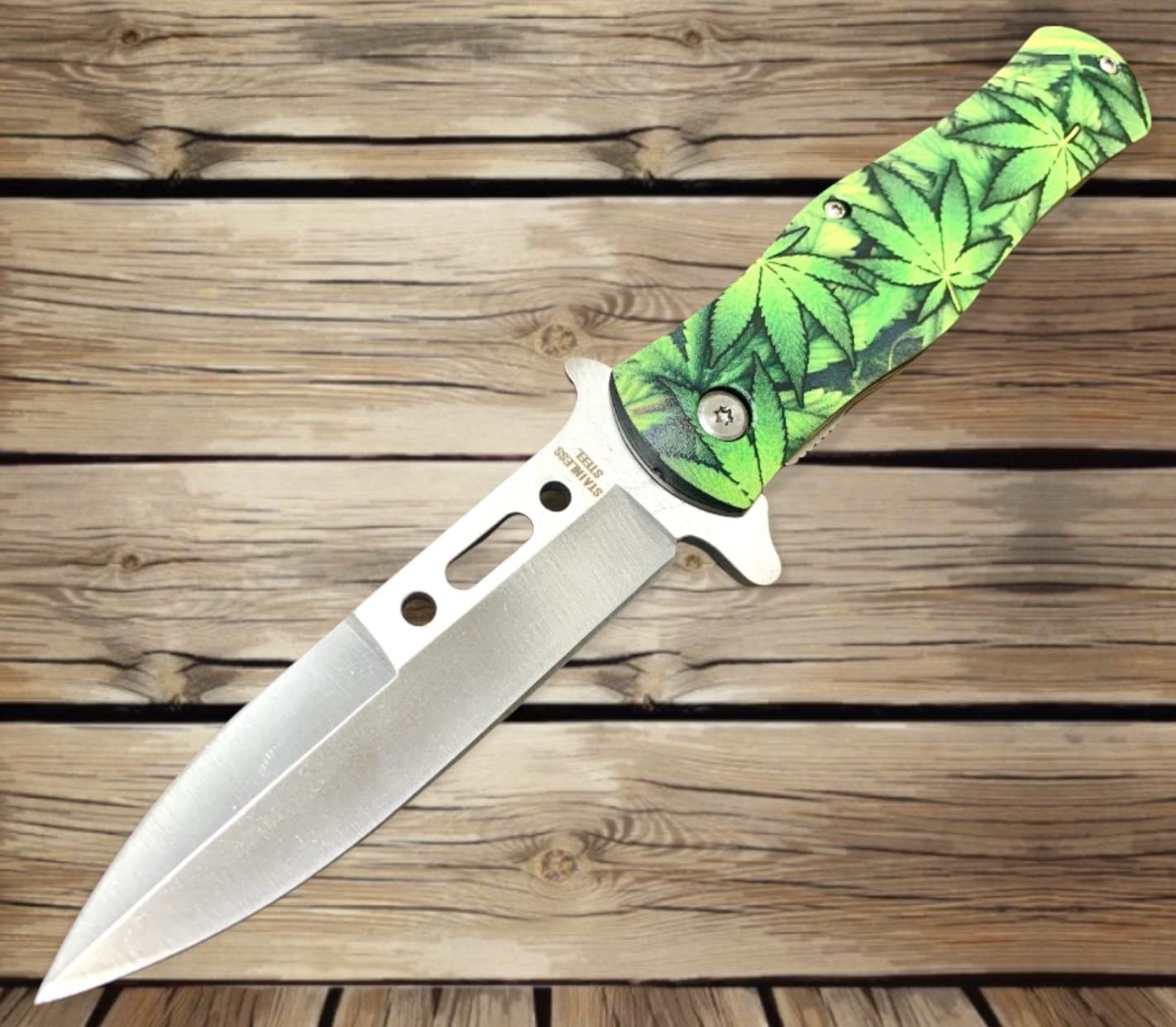 Super Knife Marijuana Leaf EDC Cool Sharp Blade Assisted Open Folding Stiletto Pocket Knife