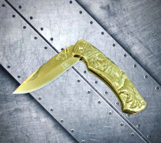 Falcon Knife 8.25” Gold Wolf Carving Metal Handle Spring Assisted Open Folding Knife