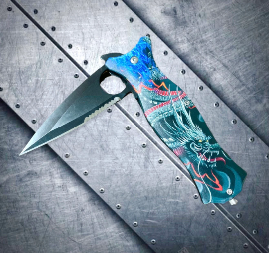 Falcon Knife 8” 3D Print Hell Dragon Spring Assisted Folding Pocket Knife