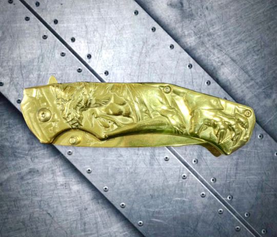 Falcon Knife 8.25” Gold Wolf Carving Metal Handle Spring Assisted Open Folding Knife