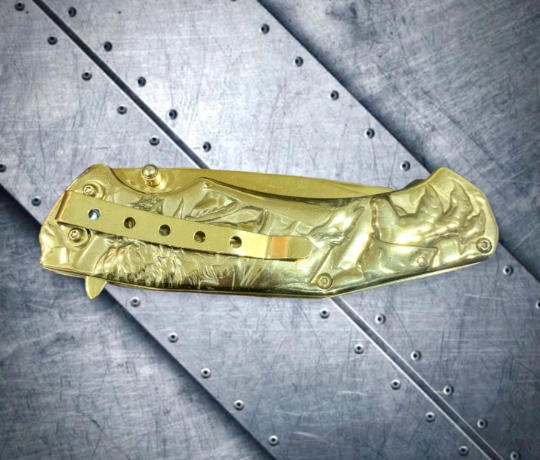 Falcon Knife 8.25” Gold Wolf Carving Metal Handle Spring Assisted Open Folding Knife