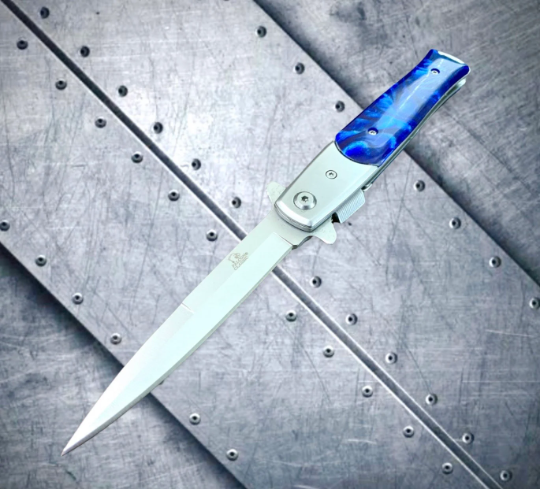 Falcon Knife Blue Classic Italian Milano Stiletto Spring Assisted Open Blade EDC Folding Stiletto Pocket Knife