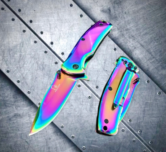 Falcon Knife Rainbow Titanium Small 6” Pocket Knife. Spring Assisted Open Folding Knife