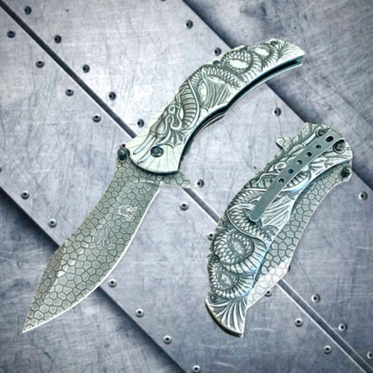 Falcon Knife Stonewashed Fantasy Sculpt 3D Dragon Tactical Spring Assisted Folding Pocket Knife