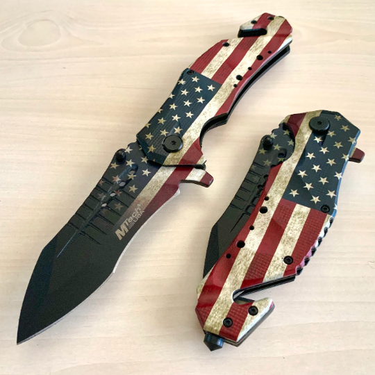 MTech 9” Tactical USA Flag Jumbo Spring Assisted Open Blade Folding Pocket Knife