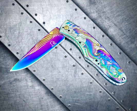 Falcon Knife Mermaid Knife with Dolphin and Waves 3D Carve. Rainbow