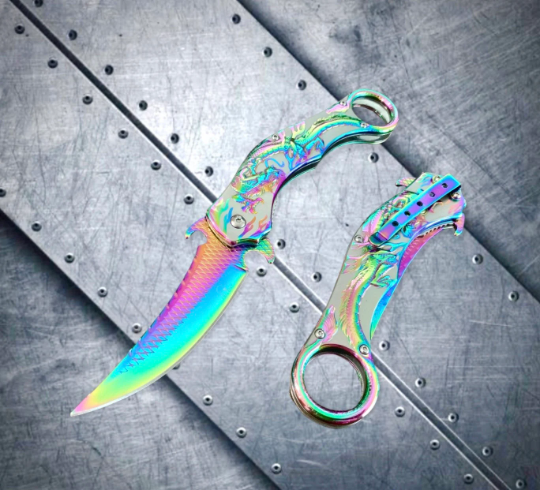 Falcon Knife Rainbow Dragon Sculpture 9” Karambit Tactical Spring Assisted Folding Pocket Knife