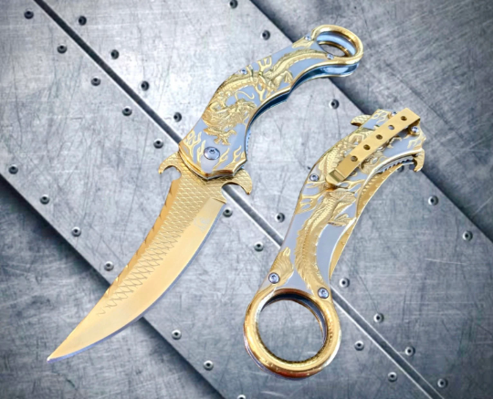 Falcon Knife Gold Dragon Sculpture 9” Karambit Tactical Spring Assisted Folding Pocket Knife