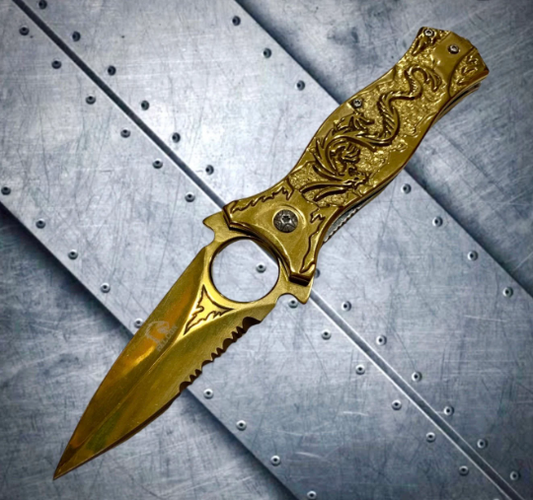 Falcon Knife Gold Dragon Sculptured Tactical Spring Assisted Open Blade Folding Pocket knife. Hunting, Camping, Survival Knife