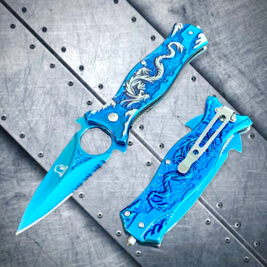 Falcon Knife Blue Dragon Sculptured Tactical Spring Assisted Open Blade Folding Pocket knife. Hunting, Camping, Survival Knife