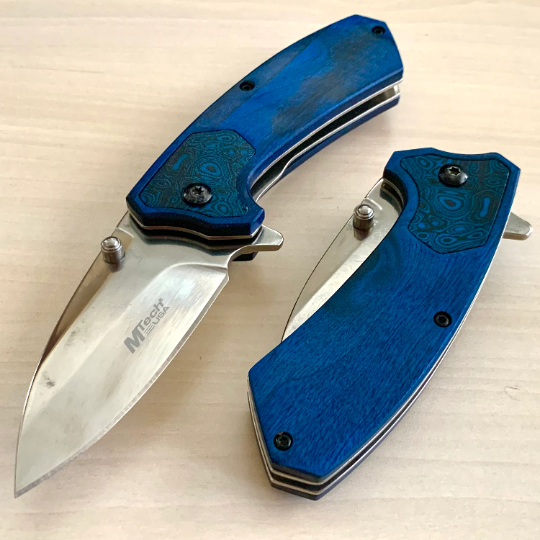 MTech 6.75” Blue Wood Tactical Spring Assisted Open Blade Folding Pocket knife