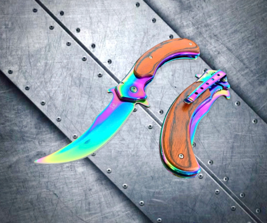 Falcon Knife Rainbow Wooden Karambit Tactical Spring Assisted Folding Pocket Knife