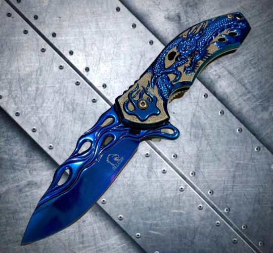 Falcon Knife Dragon Knife Blue Coated Sculpture 8” Tactical Spring Assisted Open EDC Blade Folding Pocket knife