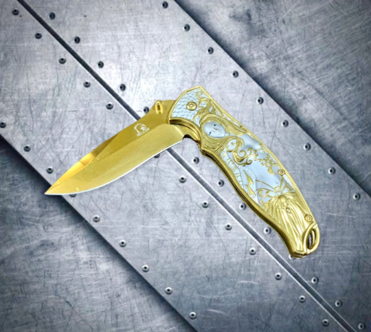 Falcon Knife 8.5" Gold Goddess Mermaid Engraved Tactical Assisted Folding Pocket Knife.