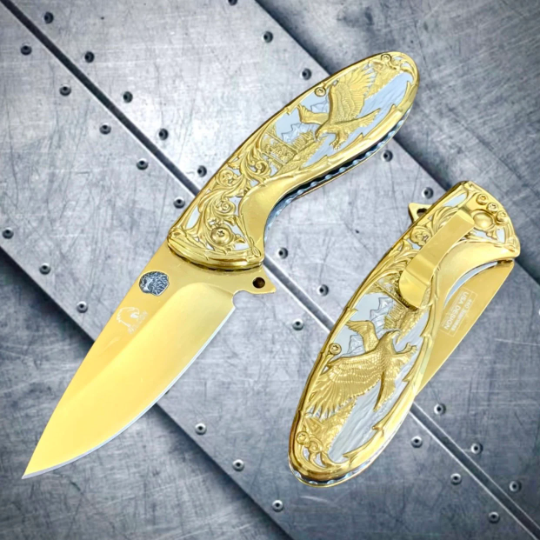 Falcon Knife Gold Eagle Engraved 8” Tactical Spring Assisted Folding Pocket knife