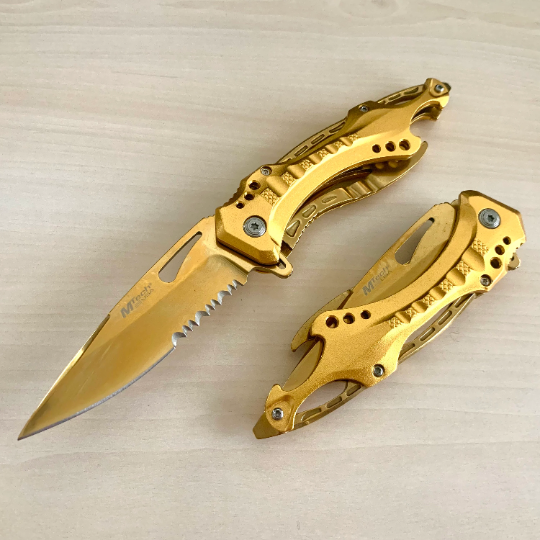 MTech 8.25” Gold Tactical Spring Assisted Open Blade Folding Pocket knife with Bottle Opener