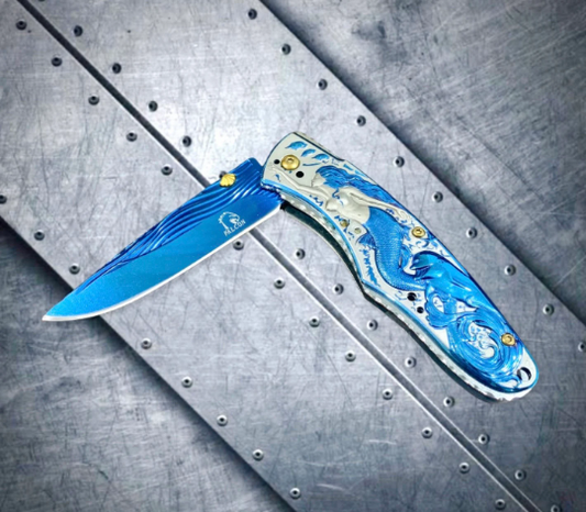 Falcon Knife Mermaid Knife with Dolphin and Waves 3D Carve. Blue