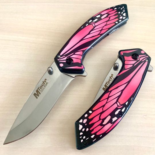7.5 PINK BUTTERFLY WINGS MTECH USA SPRING ASSISTED FOLDING POCKET KNIFE  Open