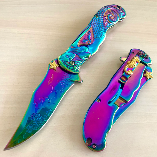 MTech 8.75” Cute Rainbow Mermaid Knife Assisted Folding Pocket Knife with Gold Starfish and Sea Horse