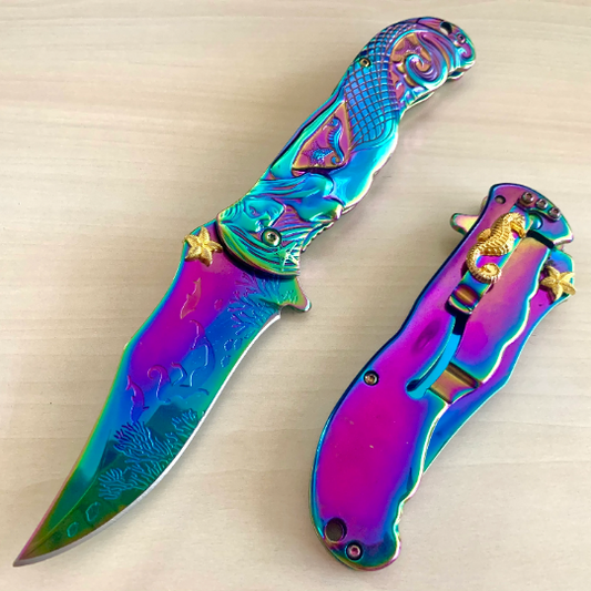 ElitEdge 8.75” Cute Rainbow Mermaid Knife Assisted Folding Pocket Knife with Gold Starfish and Sea Horse