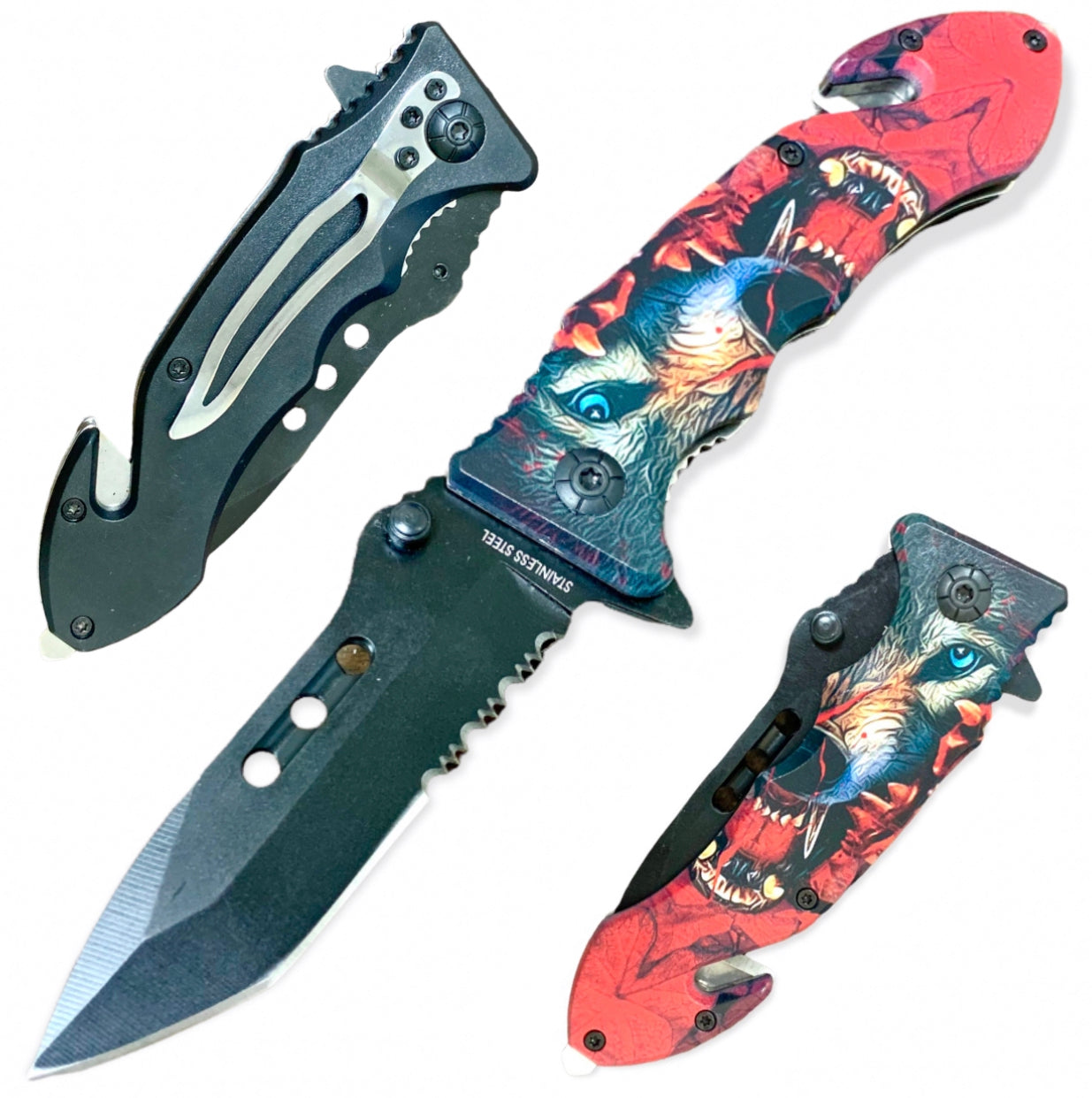 Wolf Super Knife Spring Assisted Open Folding Pocket Knife, 3D Print Handle