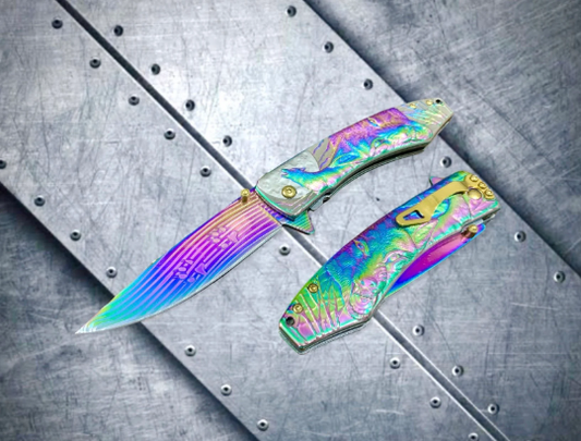 Falcon Knife Rainbow Wolf Engraved 8.5” Tactical Spring Assisted Folding Pocket knife