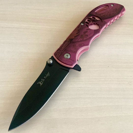 Elk Ridge 8” Pink Knife Cool Knife Assisted Folding Pocket Knife with Elk Engraved Handle