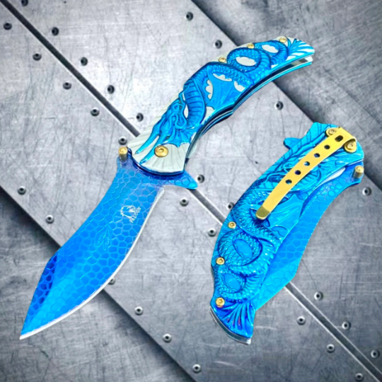 Falcon Knife Blue Fantasy Sculpt 3D Dragon Tactical Spring Assisted Folding Pocket Knife