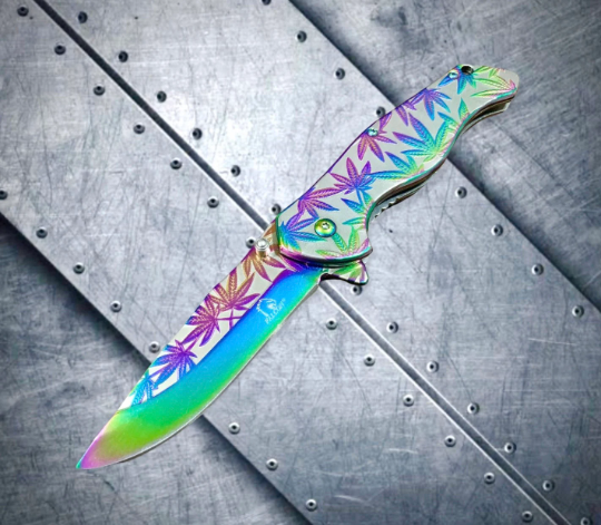 Falcon Knife 8” Rainbow Leaf Engraved Tactical Assisted Folding Pocket Knife. Camping, Hunting