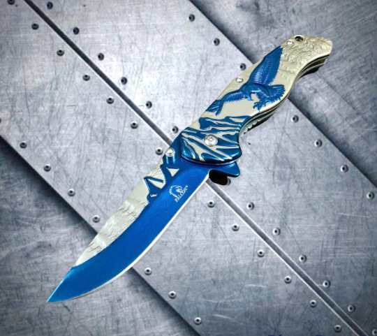 Falcon Knife 8.25” Blue Eagle Carving Metal Handle Spring Assisted Open Folding Knife