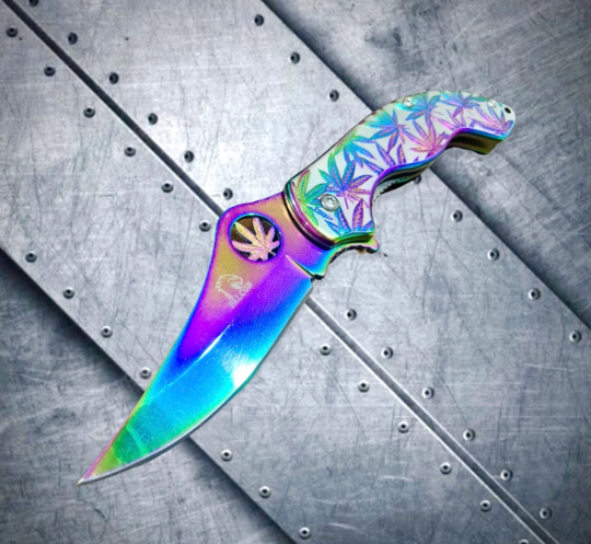 Falcon Knife Luxury Rainbow Leaf Engraved 7.5” Spring Assisted Folding Pocket Knife