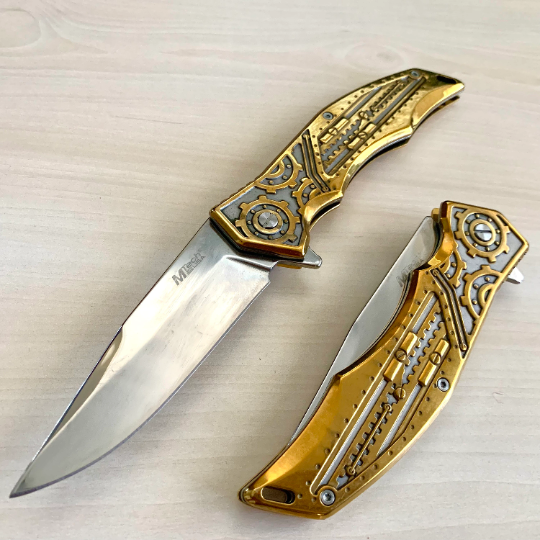 MTech 9” Gold Steampunk Cool Knife Assisted Folding Pocket Knife with Gear Design Handle