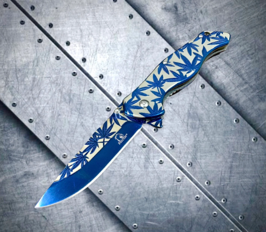 Falcon Knife 8” Blue Leaf Engraved Tactical Assisted Folding Pocket Knife. Camping, Hunting