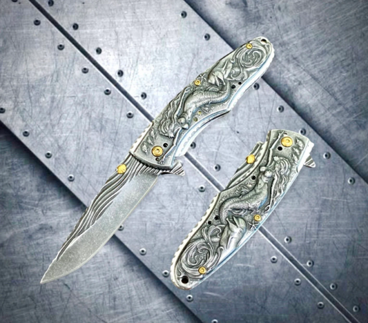 Falcon Knife Mermaid Knife with Dolphin and Waves 3D Carve. Stonewashed